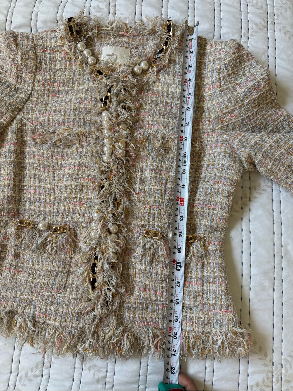McGinn for Nordstrom Tweed Pearl Chain Fringe Jacket Blazer Size 8 Luxe Bouclé - Picture 11 of 12